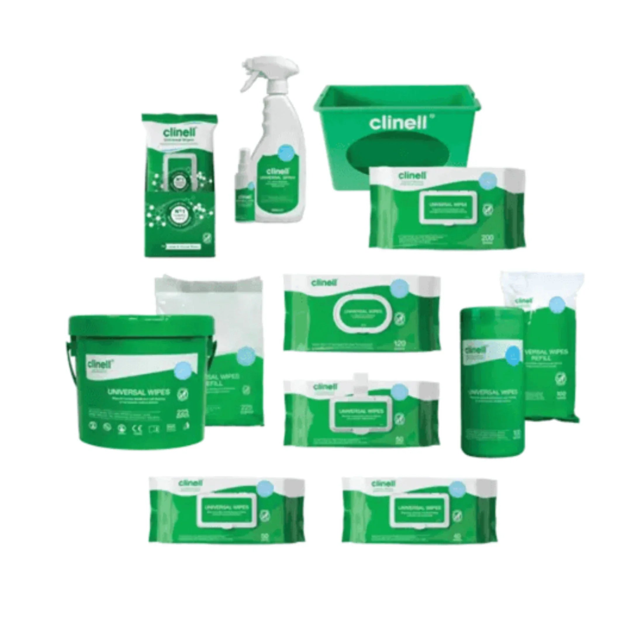 Assorted Clinell clinical hygiene wipes, sprays, and tubs in green packaging on white background