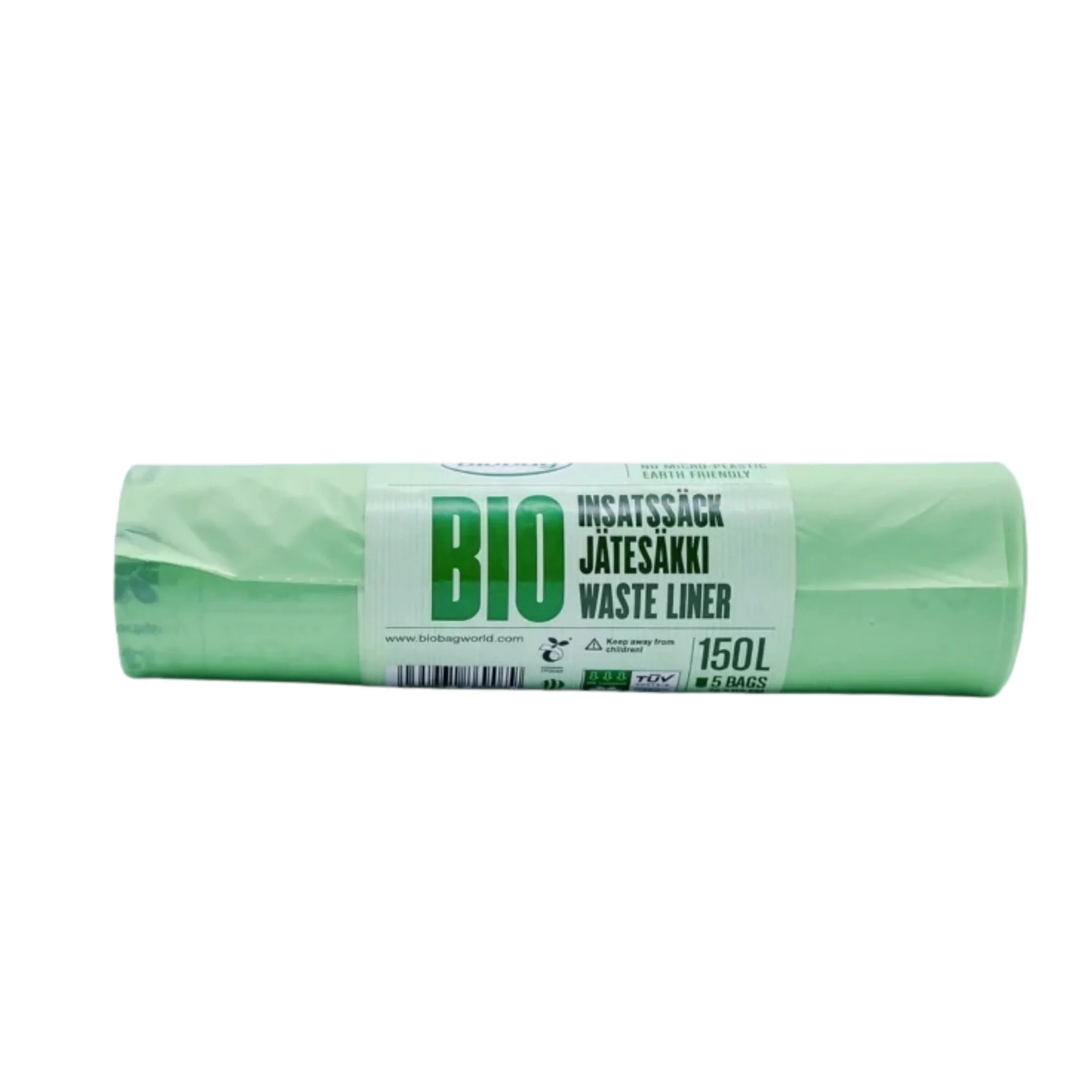 Roll of biodegradable green 150L waste liner bags, eco-friendly bin liners for clinical hygiene