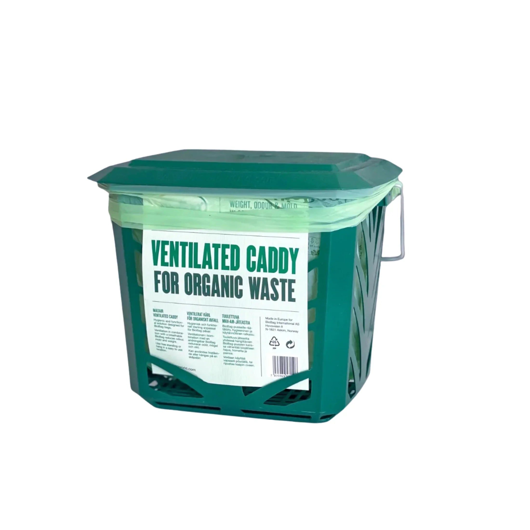 Green ventilated caddy with lid and handle for organic waste collection