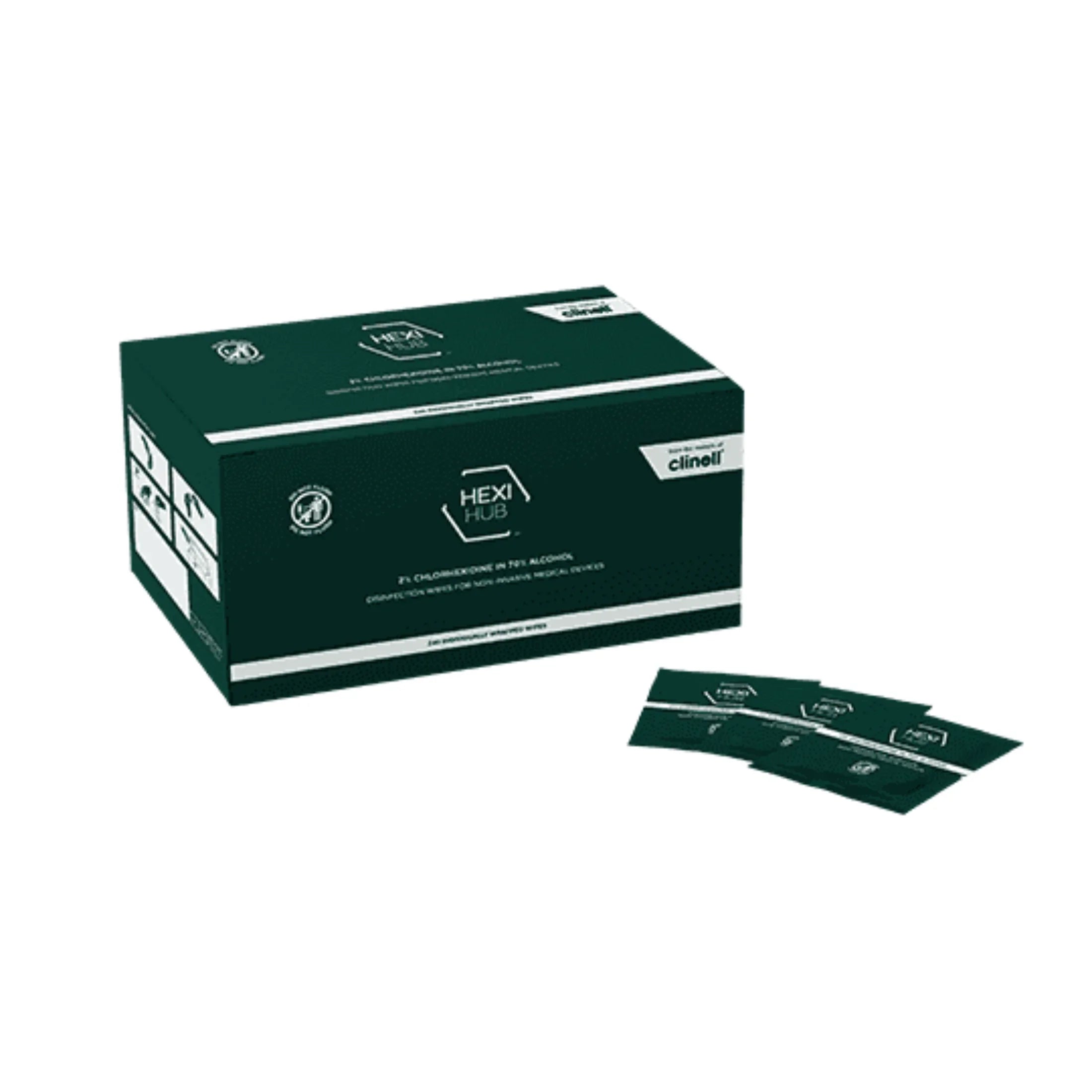 Hexi Hub 2% chlorhexidine in 70% alcohol disinfection wipes box with sachets, clinical hygiene product