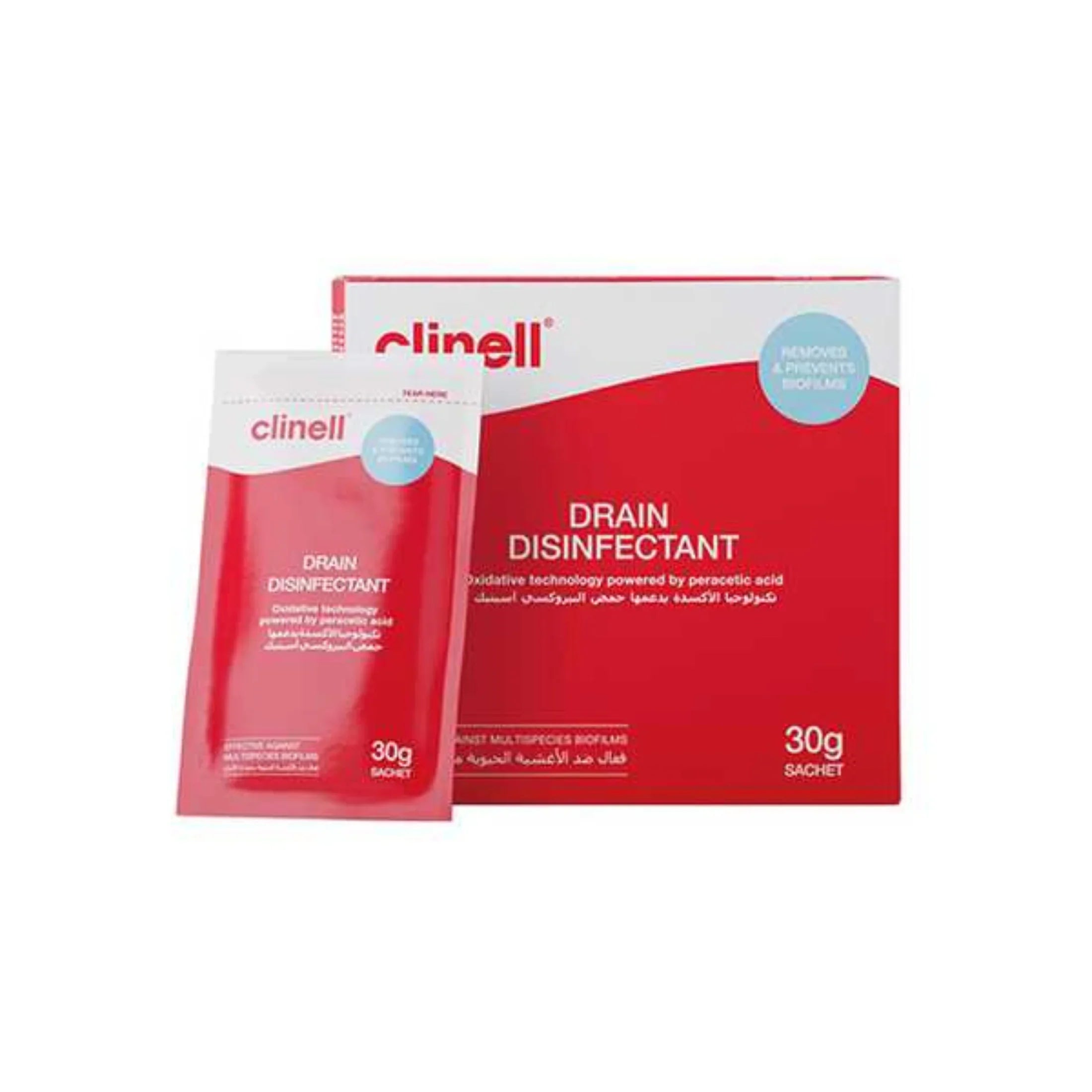 Clinell drain disinfectant sachet and box for clinical hygiene and biofilm removal