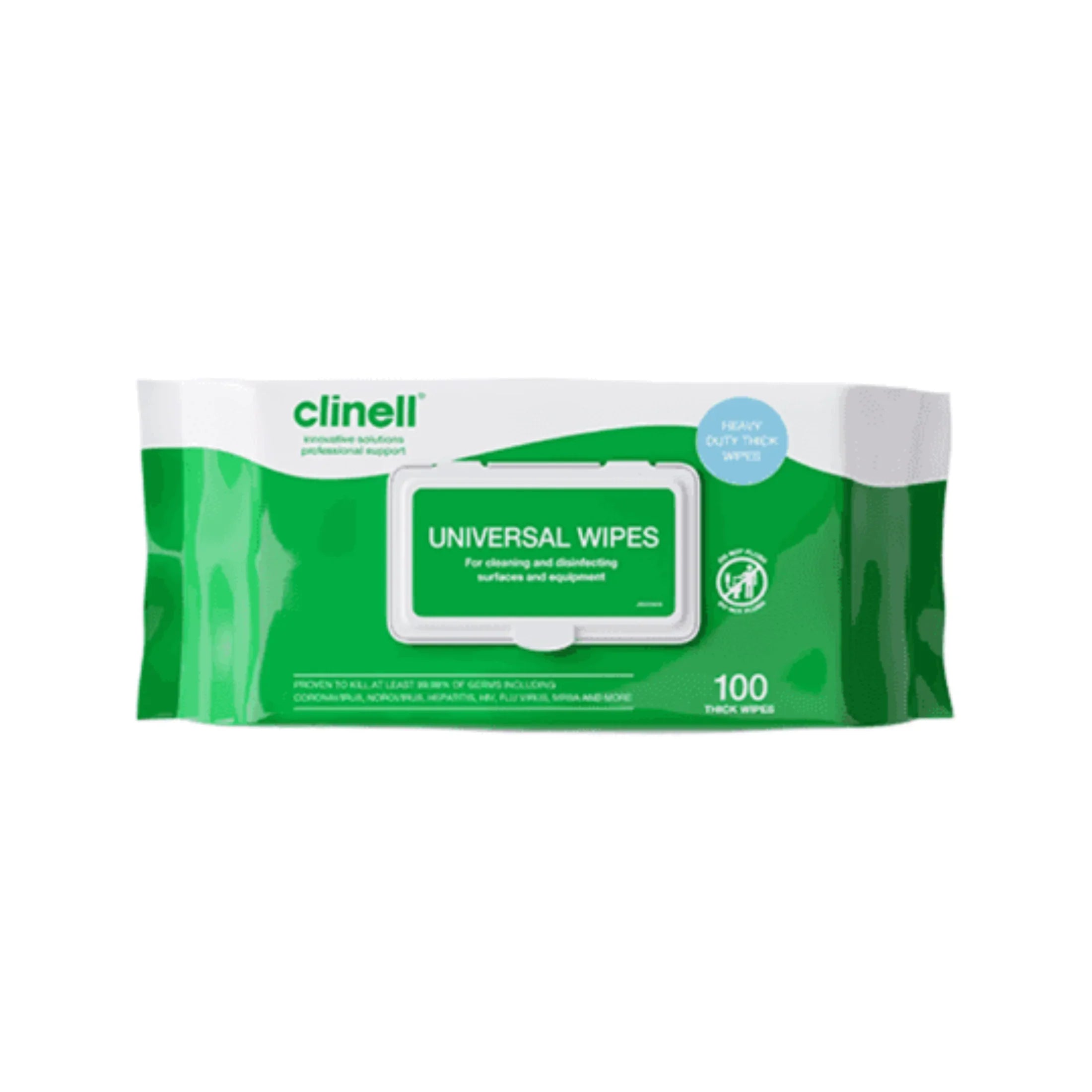 Pack of Clinell universal cleaning and disinfecting wipes, 100 count, green and white packaging.