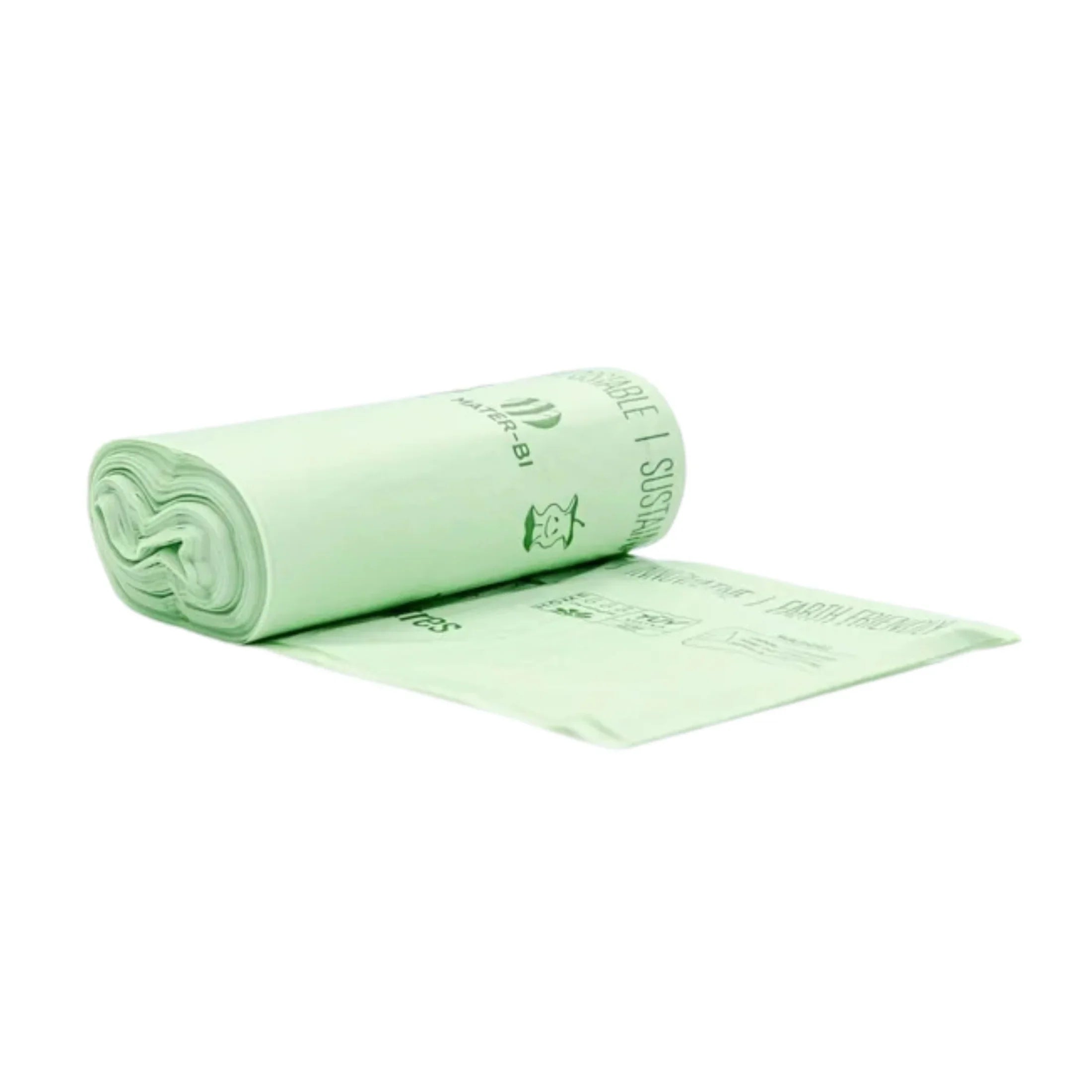 Light green biodegradable waste bag roll on white background