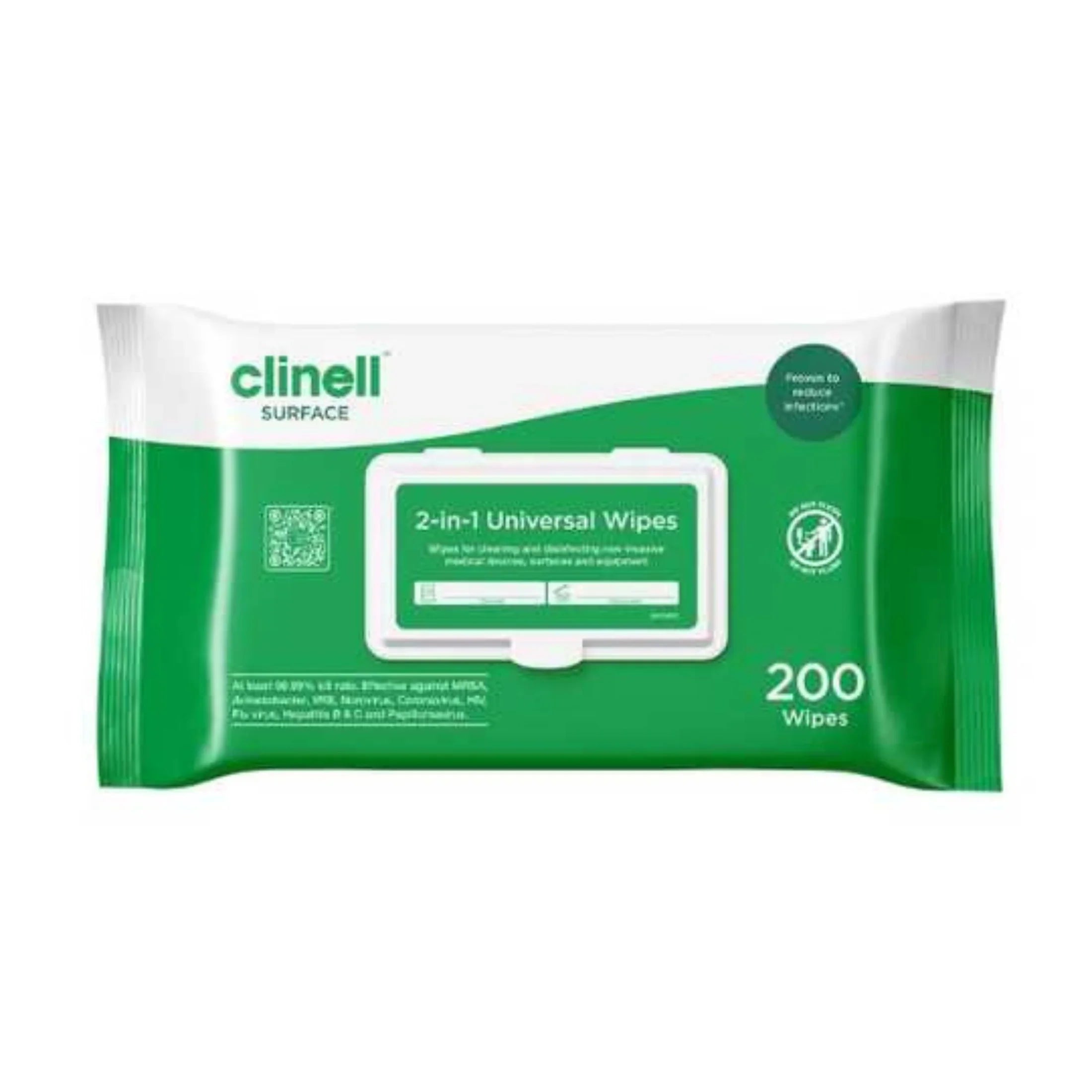 Clinell Surface 2-in-1 Universal Wipes pack, green and white, 200 disinfectant wipes
