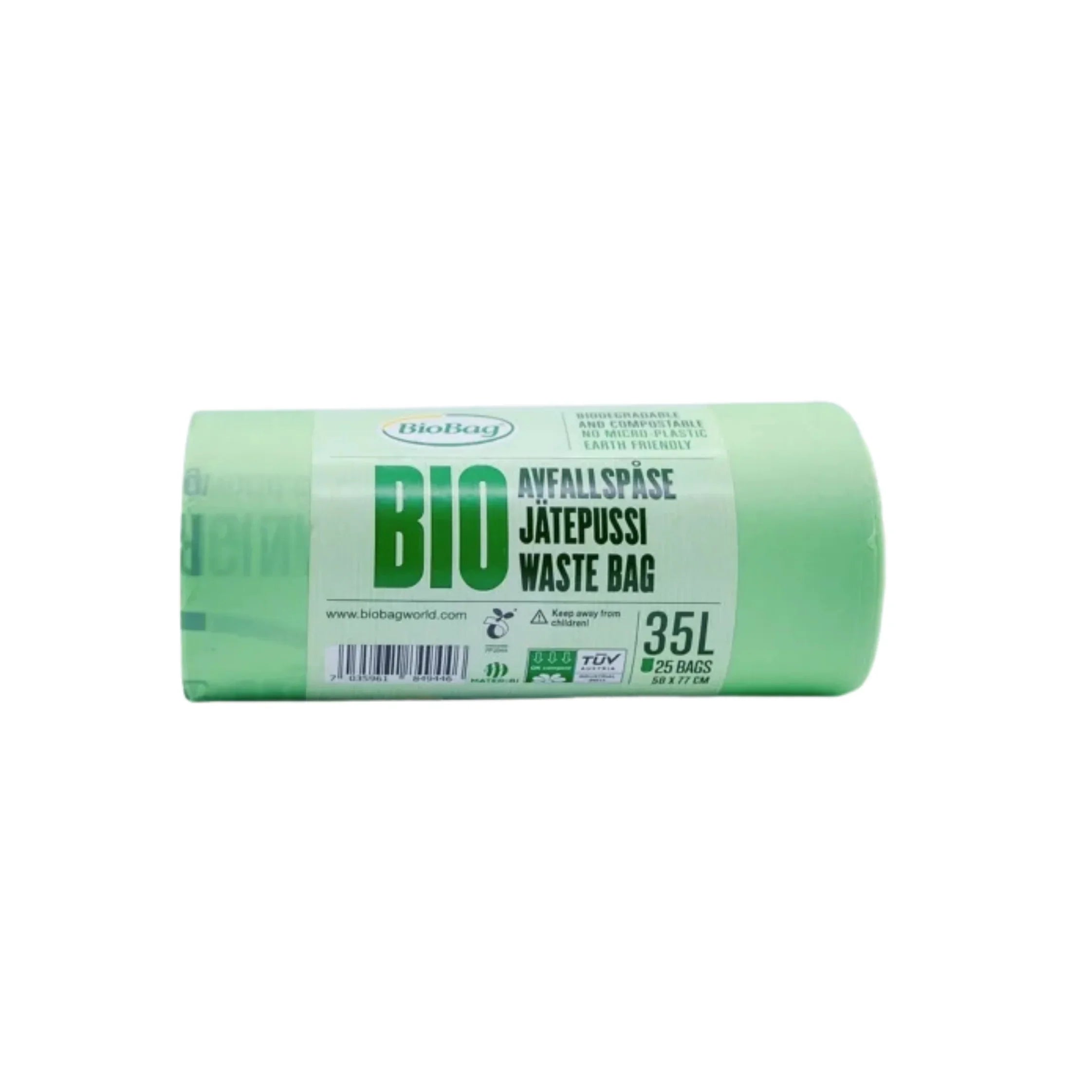 Green biodegradable waste bag roll, 35L capacity, labeled for clinical and sustainable use