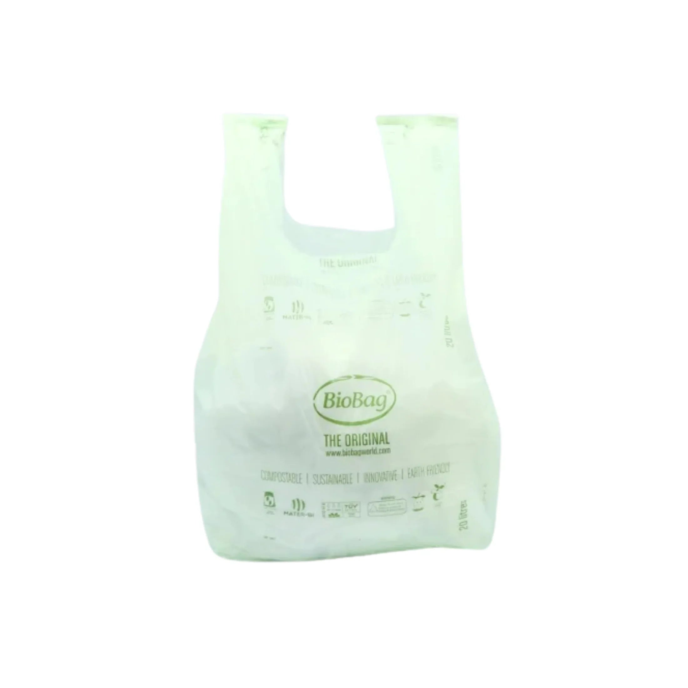 Compostable BioBag shopping bag, eco-friendly and sustainable, white background