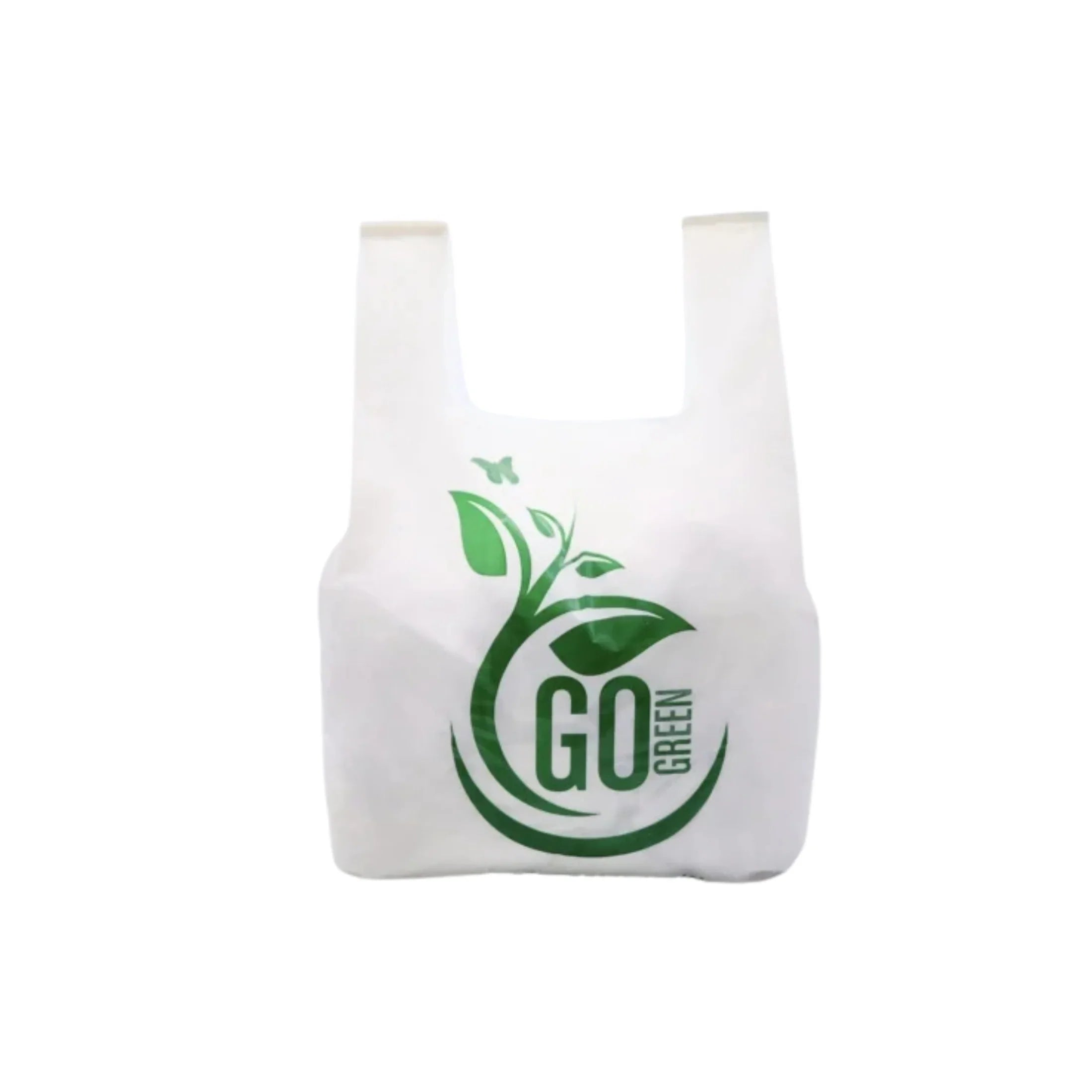 Reusable white eco-friendly bag with green Go Green plant design, sustainable packaging