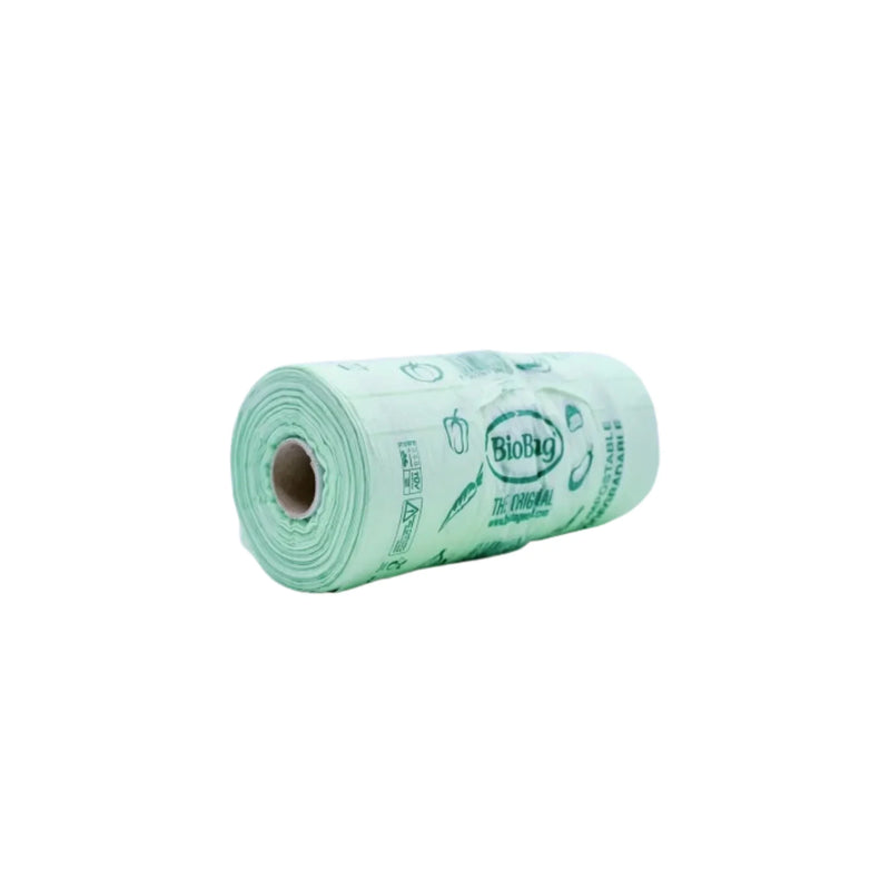 Roll of biodegradable compost bags with green print, suitable for sustainable waste solutions
