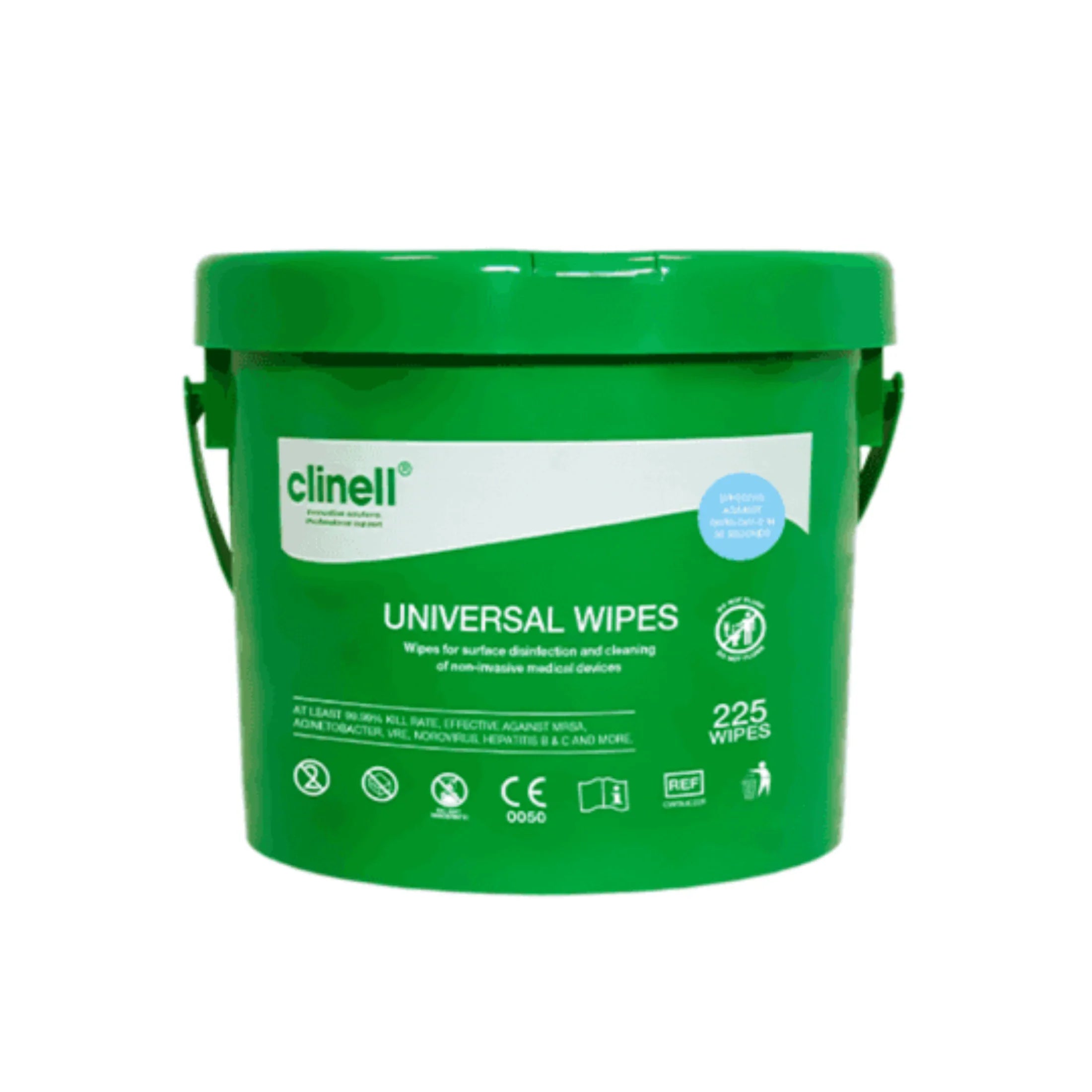 Green tub of Clinell universal wipes for surface disinfection, 225 wipes pack