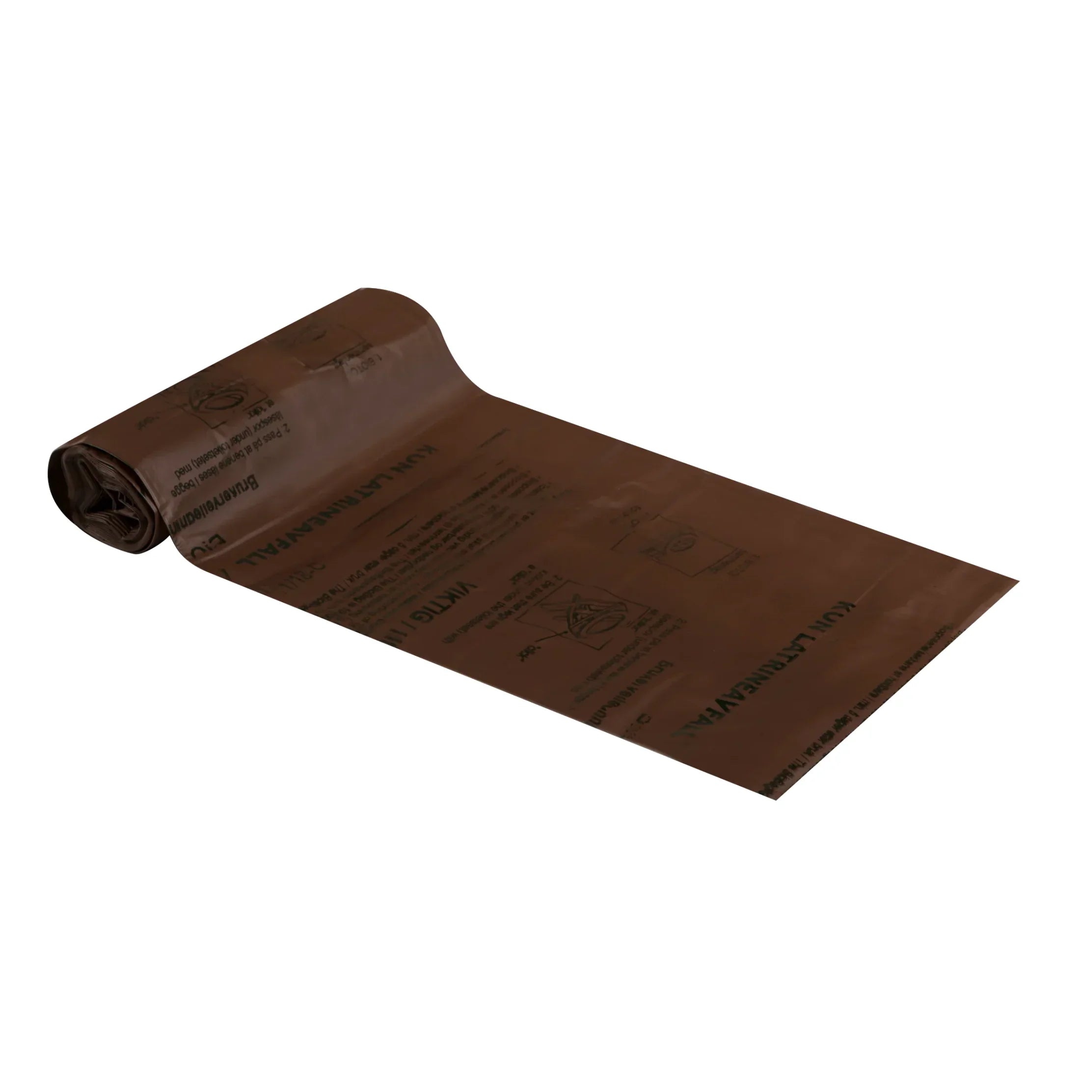 Brown roll of industrial plastic waste bags with printed instructions, unrolled on white background