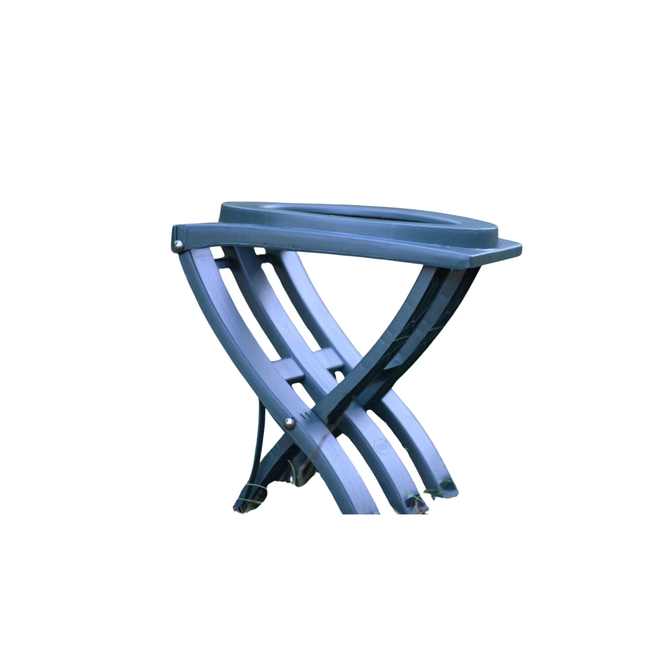 Foldable blue plastic step stool with curved legs on white background