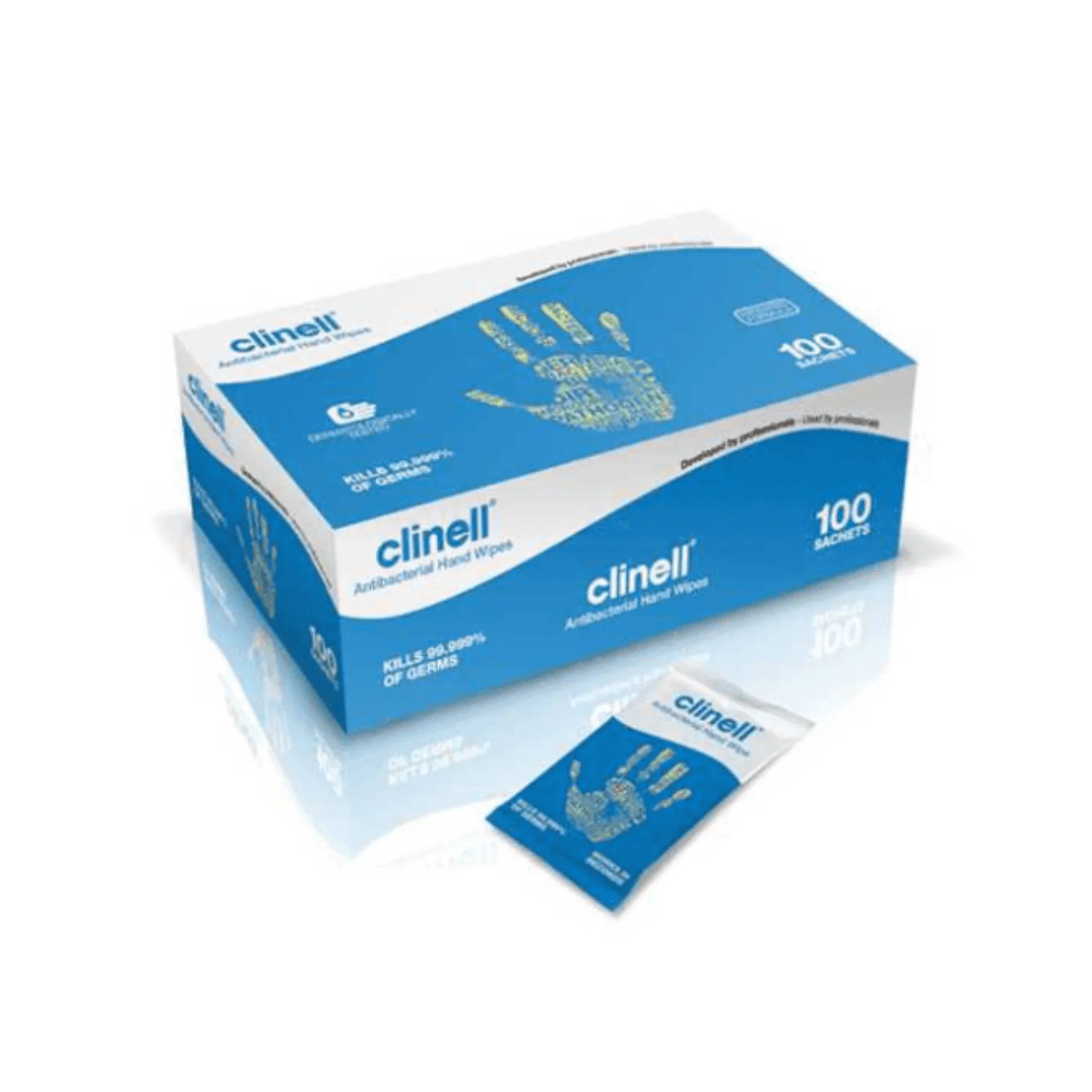 Clinell antibacterial hand wipes box with individual sachet, hygiene cleaning supplies