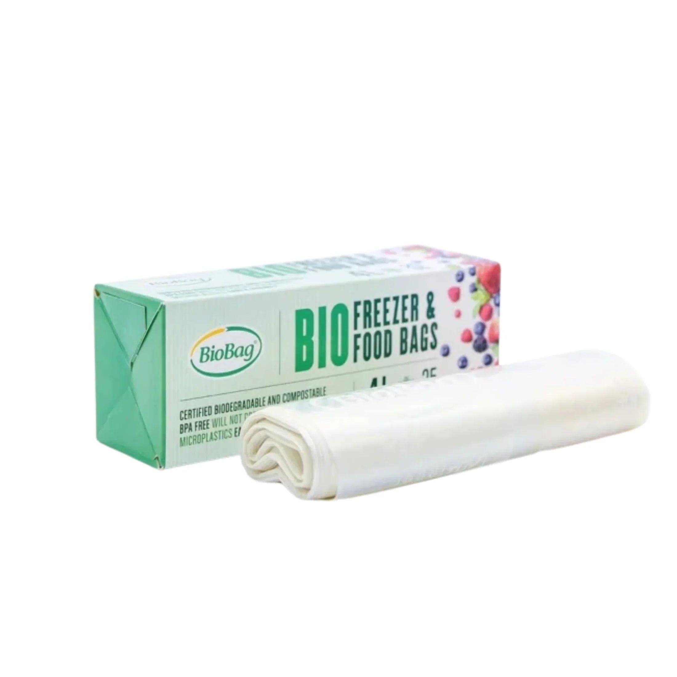 Biodegradable compostable freezer and food bags with berries on packaging, 4L-6L size