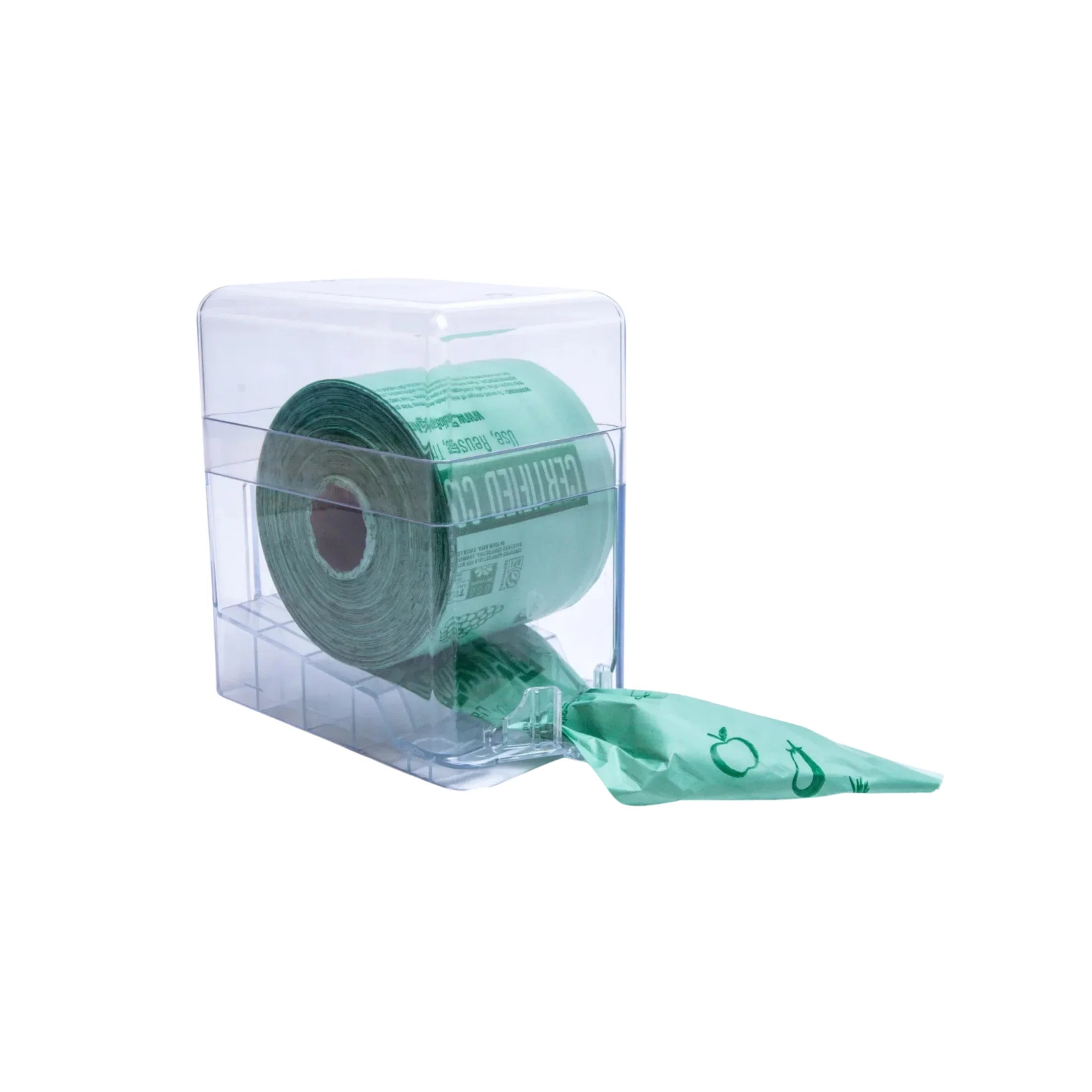Clear plastic fruit and vegetable bag dispenser with green biodegradable bag roll