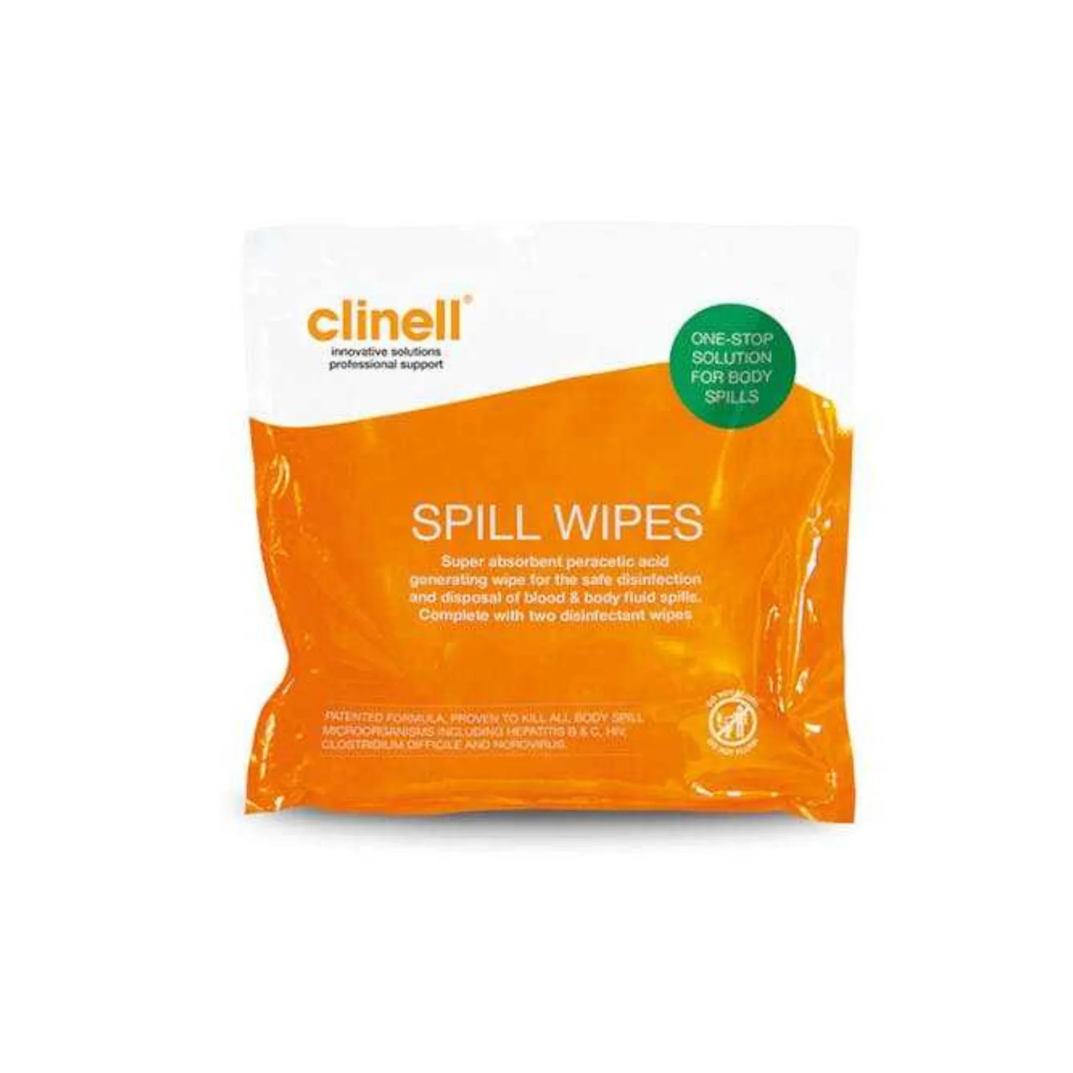 Clinell spill wipes packaging for disinfecting and cleaning body fluid spills