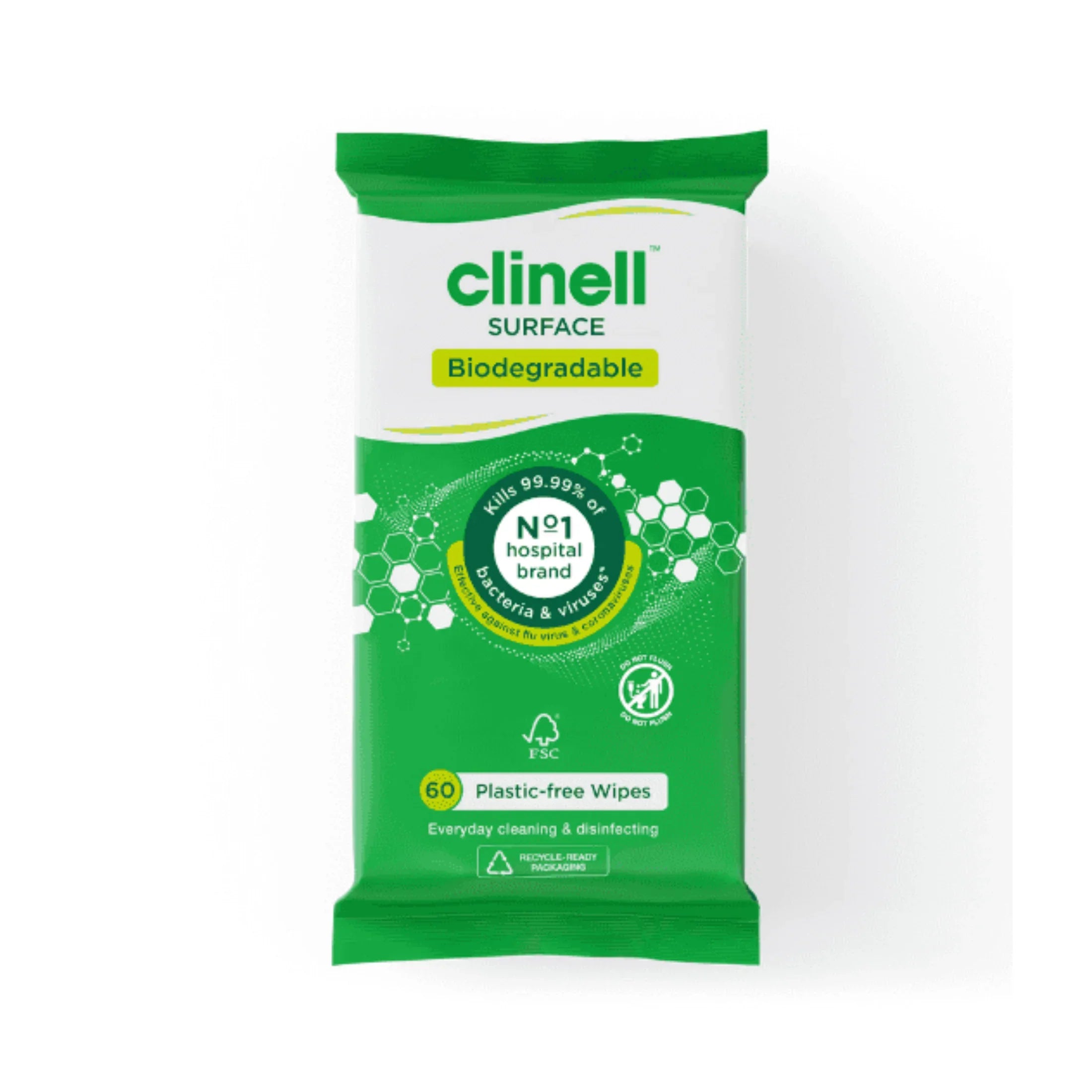 Clinell biodegradable surface sanitising wipes pack, plastic-free, 60 wipes, green packaging